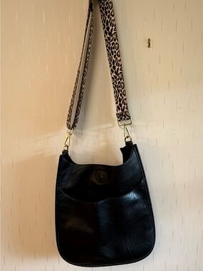 Black Leather Shoulder Bag with Leopard Accent Strap